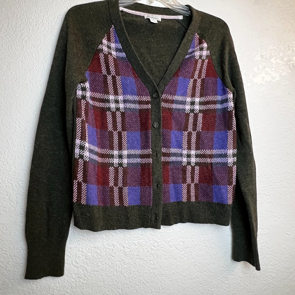 Sundance‎ Womens Olive Green Plaid Intarsia Wool Blend Cardigan Sweater Small